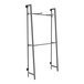 A matte black metal wall-mount A-frame with two shelves and a metal bar.