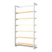 A white metal Econoco wall-mount retail display kit with wooden shelves on it.