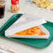 A slice of pizza in a white plain Choice pizza box on a green tray.