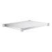 A white rectangular metal shelf with metal corners.