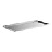 A stainless steel rectangular shelf with white brackets.