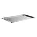 A stainless steel undershelf for a rectangular work table with a handle.