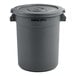 A gray Advantage Supplies plastic trash can with the lid open.