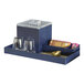 A navy blue room360 faux leather tray with two glasses on it.