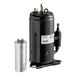 A black Avantco ice machine compressor with a white label.
