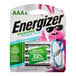 A package of Energizer Recharge Power Plus AAA NiMH rechargeable batteries.