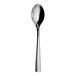 A close-up of a Varick Malcolm stainless steel oval bowl soup/dessert spoon with a long handle.