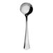 A close-up of a silver Elizabeth Varick soup spoon with a long handle.