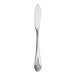 A silver butter spreader with a long handle and long blade.