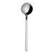 A close-up of a Varick Lissome stainless steel bouillon spoon with a long handle.