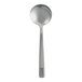 A close-up of a Varick Estate stainless steel soup spoon with a handle.