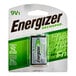 A package of Energizer Recharge 9V NiMH rechargeable batteries.