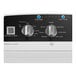 A white GE top load commercial washer with a control panel and two buttons.