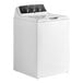 A white GE commercial top load washer with a black control panel and white knobs.