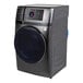 A black GE Profile front load commercial washer with a round blue door.