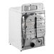 A white GE front load gas-powered commercial dryer with the door open.