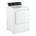 A white GE commercial front load gas dryer with a black screen.