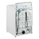 A white GE front load gas-powered commercial dryer with a black cord.