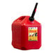 A red plastic Midwest Can Safe-Flo gas canister with a black handle.