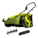 A green Sun Joe lawn scarifier and dethatcher with a black and green collection bag attached.