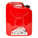 A red metal Midwest Can safety gas can with a black cap and handle.