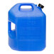 A blue Midwest Can HDPE water container with a black cap containing water.