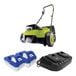 A green and black Sun Joe cordless scarifier/dethatcher with two batteries.