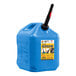 A blue plastic Midwest Can kerosene safety can with a black handle and spout.