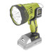 A green and black Sun Joe handheld flashlight on a stand.