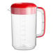 A clear plastic pitcher with a red lid and handle.