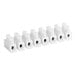 A close-up of a row of white plastic connectors on a white background.