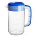 A clear polypropylene pitcher with a blue lid and handle.