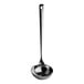 A close-up of a 9" stainless steel ladle with a black handle.