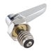 A close-up of a chrome plated metal knob with a screw.