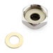A stainless steel nut on a white background.