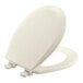 A Bemis biscuit enameled wood toilet seat and lid on a white background.