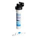 A white water filtration system with a blue label and black hose.