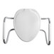 A white Bemis elongated toilet seat with metal support arms.