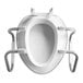 A Bemis white elongated raised toilet seat with support arms.