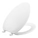 A close up of a Bemis white elongated toilet seat and lid