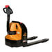 A close-up of a yellow and black Big Joe Electric Delivery Pallet Truck.