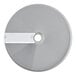 A silver Robot Coupe slicing disc with a hole in the center and a white handle.