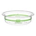 A clear, round 8 oz. compostable deli container made from plant-based PLA plastic.