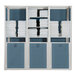 A white and blue Grosfillex towel valet with towels stacked on the shelves.