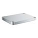 A silver metal rectangular shelf with metal corners and holes.