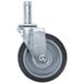 A close-up of a Metro Super Erecta caster wheel with a black rubber tire and metal wheel.