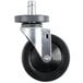 A close-up of a black and silver Metro Super Erecta rubber caster wheel.