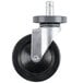 A black and silver Metro Super Erecta rubber caster wheel on a metal piece.