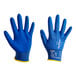 A pair of blue Ansell HyFlex gloves with blue foam nitrile coating on the palms.