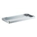 A rectangular steel undershelf with screws.